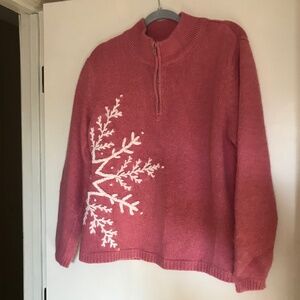 Coldwater Creek Snowflake Sweater XXL Pink Angora Silk Blend Mock Neck Zip